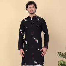 Men linen ethnic motifs embroidered black kurta and white